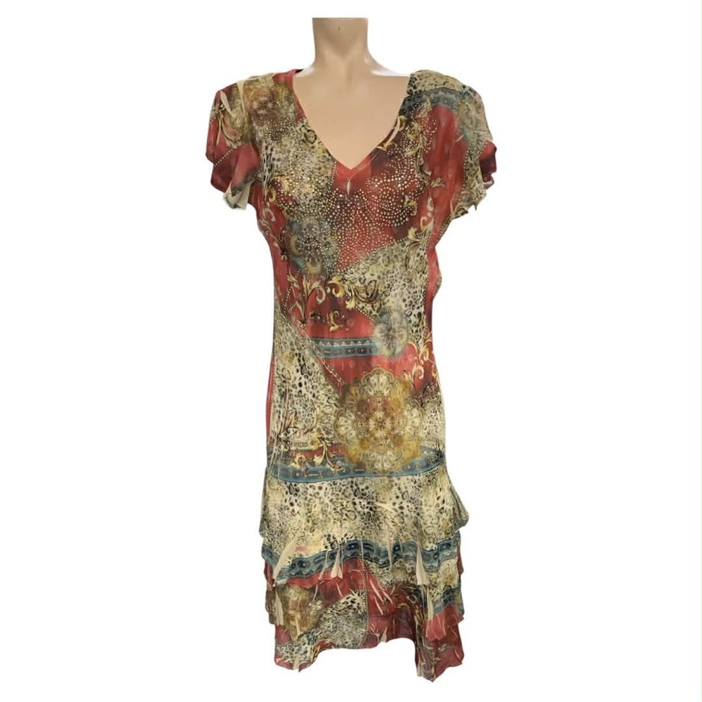 Reba Multicolor Floral & Animal Print V-Neck Dress Size L